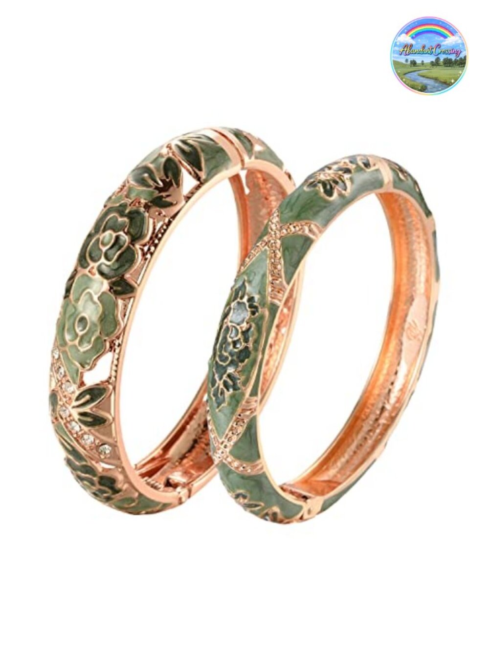 Vintage Cloisonne Enameled Rhinestone Hinged Cuff Bracelet Set of 2
